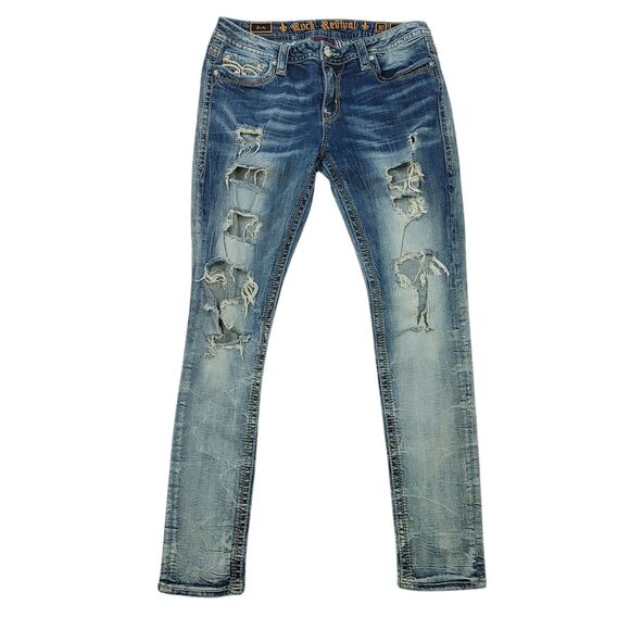 Rock Revival Arda Skinny Distressed Jeans Whiskered Thick Stitch Women's 32 - Picture 1 of 16